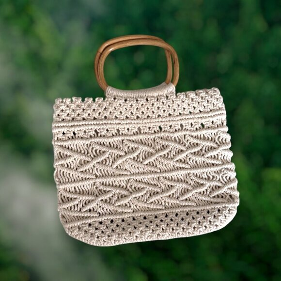 Accessories - Vintage Style Macrame Handbag Bamboo Handle Boho Coastal Market Bag Neutral
